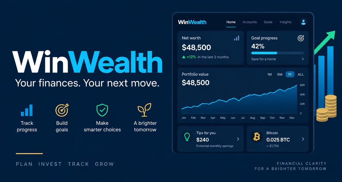 WinWealth financial planning illustration with fictional dashboard balances and goal progress